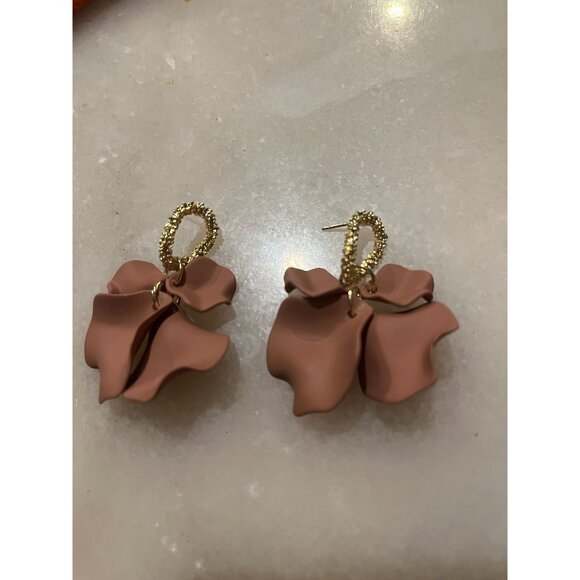 Light Brown Flower earring big chocolate long brown petal leaf earrings big gold - Picture 4 of 8